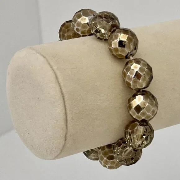 Faceted Czech Glass Fire Polished Gray Gold Crystal Chunky Bead Stretch Bracelet - Picture 9 of 16